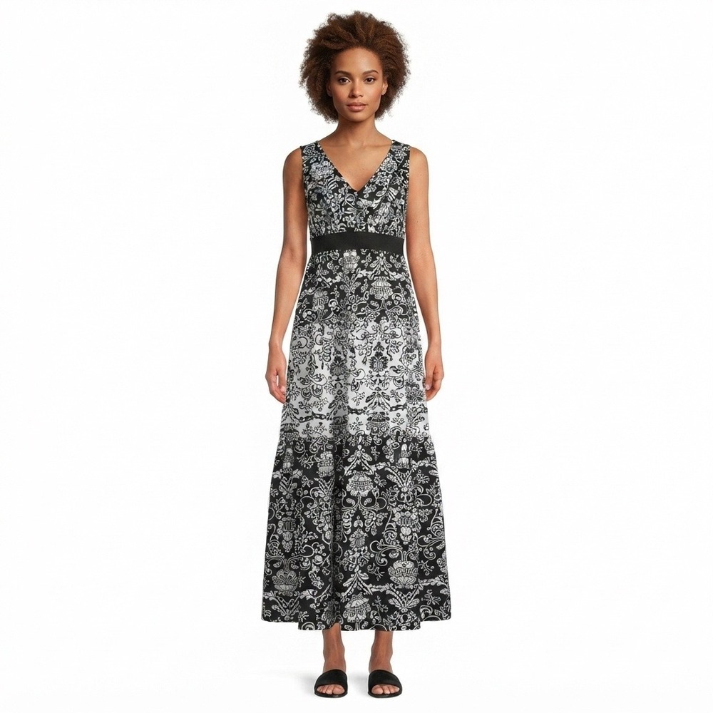 Charter Club Dress Womens 14 Black White Cotton Damask Floral Maxi Lace Waist